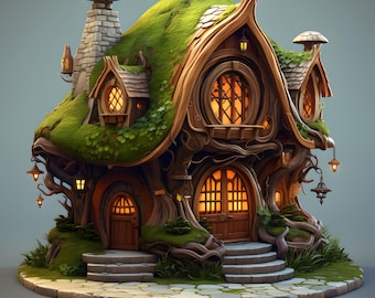 May include: A whimsical, detailed illustration of a fairy house. The house features a moss-covered roof, wooden walls, and glowing windows. Lanterns hang from the branches, and a stone chimney rises from the roof. The house is set on a stone base.