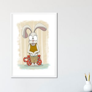 Hase auf dem Topf, Digitale Illustration, Fröhliches Cartoon Bild, Phantasie Hase
