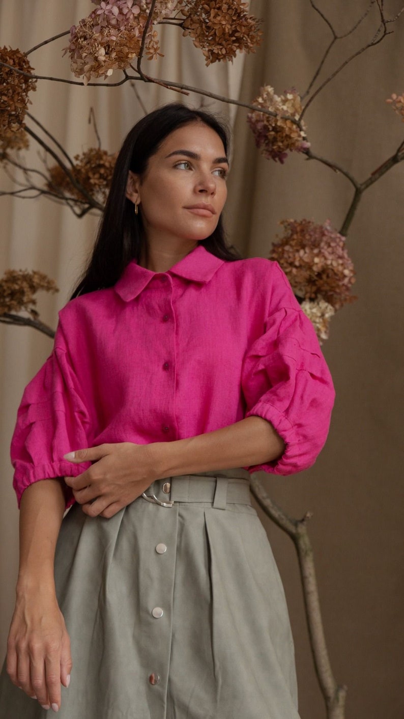 Serine magenta linen short sleeve shirt image 1