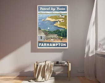 Póster de viaje retro vintage de Farhampton, impresión de mediados de siglo, arte mural de pueblo pequeño inspirado en la decoración americana retro