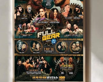 May include: A framed poster for the AEW Full Gear event, featuring multiple wrestlers. The poster includes the event title, match details, and the HBO Max logo. The color scheme is dark with gold accents.