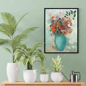 Póster de flores en un jarrón turquesa