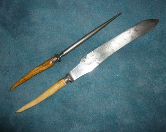 Virola antigua de plata contrastada, mango de asta, cuchillo de trinchar y acero para afilar 1908