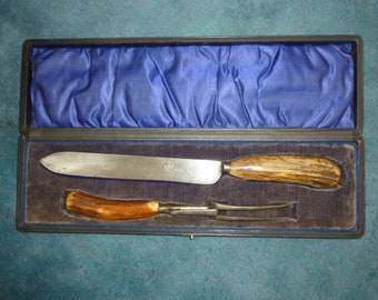 Antique Antler Handled Two Piece Carving Set with Velvet Lined Case