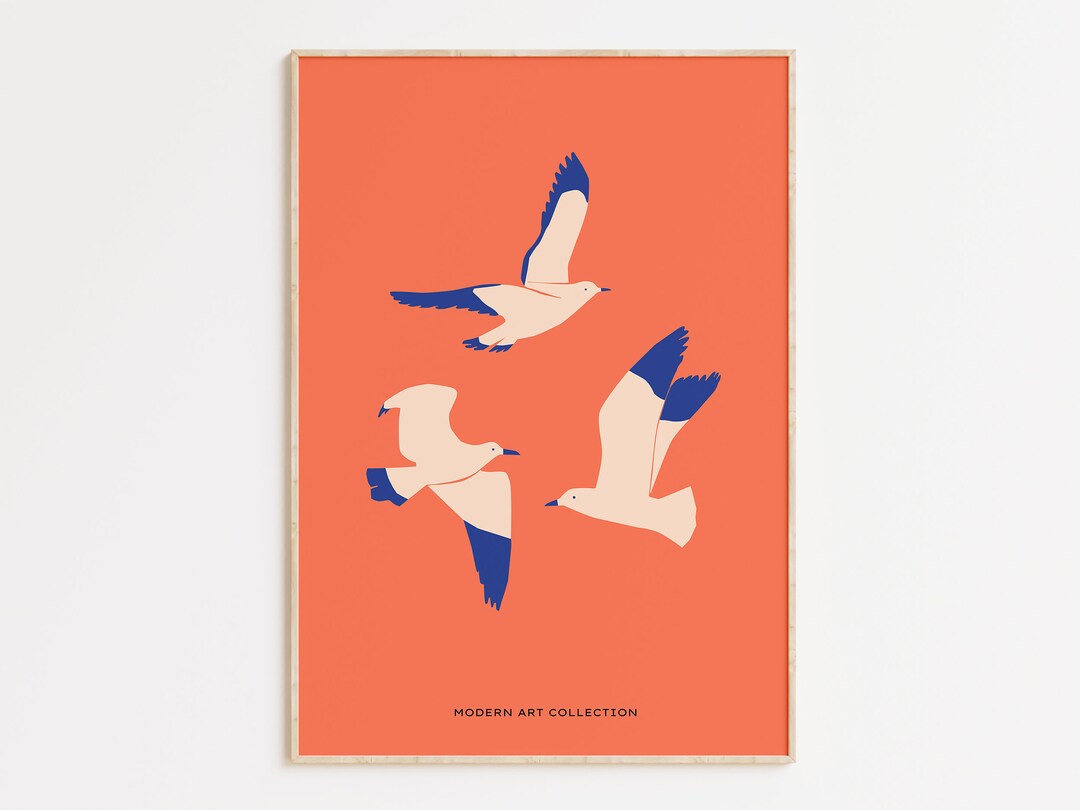 Seagulls Poster, Red Blue Wall Art, Bohemian, Printable Art, Digital