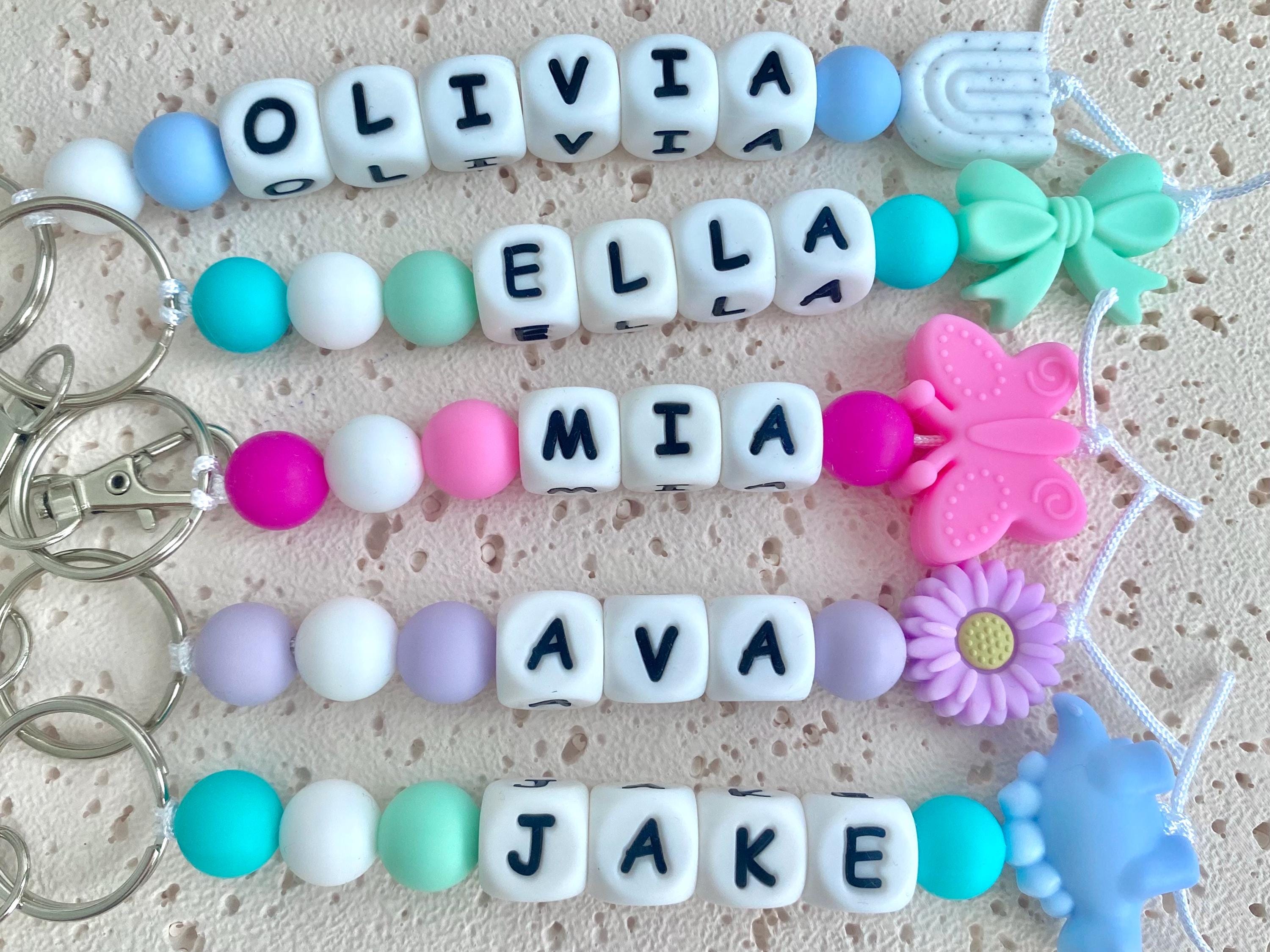 Personalised Name Bag Tag or Key Chain, Personalised name bag charm, Custom made key chain, Silicone Bead key chain, Personalised kids gift