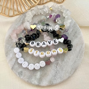 Pulsera de vuelta al cole para niños, pulsera de mantra infantil, regalo escolar, pulsera de cuentas de cristal personalizada, sé valiente, regalo para hija