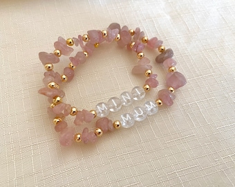 Mother and Daughter Personalised Bracelet - Rose Quartz Crystal Bracelet - Name Crystal Bead Bracelets - Mum and Mini Bracelet Set, Mummy