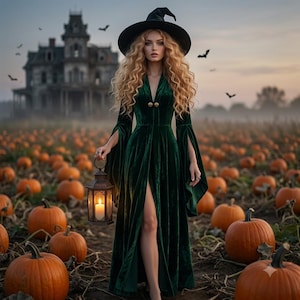Green Velvet Witch Cloak and Hat Set, Spooky Halloween Cape and Hat, Long Velvet Coat, Alternative Fall Outfit by QaliaBoho