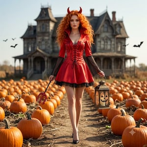 May include: A red dress with a lace-up bodice, long sleeves, and a flared skirt, paired with red devil horns. The outfit is worn with a handheld red trident and a black metal lantern featuring a carved jack-o'-lantern face design.