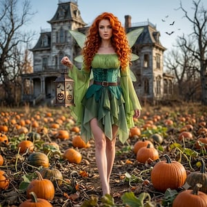 Può includere: Un costume da fata composto da un corpetto verde con cintura marrone, una gonna in chiffon a strati e ali traslucide. L'abito presenta maniche lunghe e fluide ed è abbinato a una lanterna in metallo scuro decorata con intagli di zucche.
