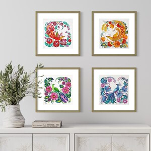 Digital download Printable art Set of 4 Birds paintings Floral painting Wall decor Wall hanging Home decor Petrykivka art Ukrainian folk art