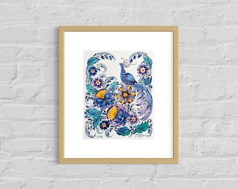 Pintura de pájaros y flores de Petrykivka, arte popular ucraniano (24 x 30 cm)
