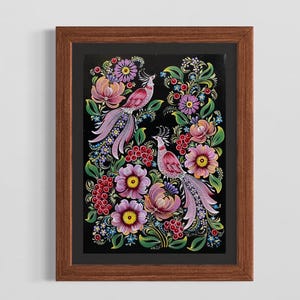 Peinture originale Peinture florale Décoration murale Acrylique Peinture oiseaux roses Peinture Petrykivka Reliure en carton Peinture florale Tenture murale