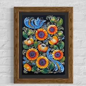 Peinture originale Peinture de fleurs Décoration murale Peinture de tournesols Peinture de Petrykivka Reliure en carton Peinture florale murale