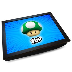 1UP Extra Life Mushroom Super Mario Bros Deluxe Cushioned Lap Tray | Wooden Frame | Bean Bag Cushion | Lap Top Lap Desk