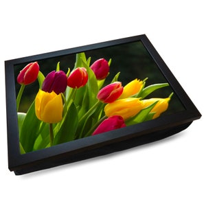 Red and Yellow Tulips Deluxe Cushioned Lap Tray | Wooden Frame | Bean Bag Cushion | Handmade in Great Britain | Lap Top Lap Desk