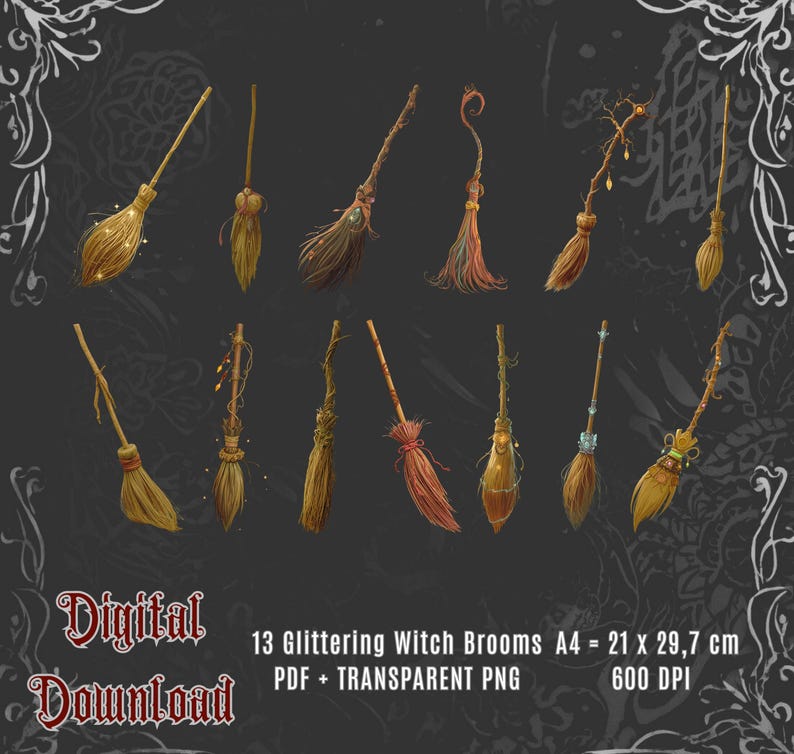 Witch Broom Clip Art Set: Magical Cottagecore PNG Graphics (digital ...