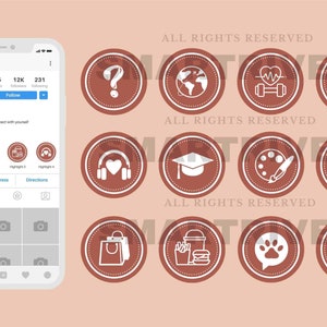 May include: A smartphone screen displays an Instagram profile with a profile picture and follower count. Highlight icons in brown circles with white outlines include a question mark, globe, and headphones.