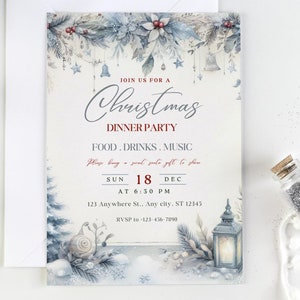 Modello di invito per festa di Natale, invito stampabile per festa di Natale, invito stagionale per le vacanze, design argento, download digitale modificabile in Canva CP2