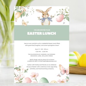 May include: An invitation to an Easter lunch with a cute bunny rabbit illustration. The invitation is decorated with pastel colored eggs, flowers, and butterflies. The text reads "You are invited to an Easter Lunch" and includes the date, time, and location of the event.