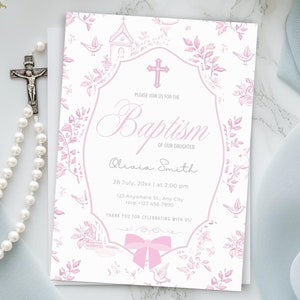 Invito al battesimo Toile De Jouy, motivo floreale rosa, modello di battesimo religioso vintage, download immediato e modificabile in Canva, BC1