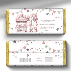 Involucro di caramelle a tema carnevale stampabile, etichette di cioccolato personalizzabili a tema circo stampabili bomboniere, download digitale modificabile in Canva CP1