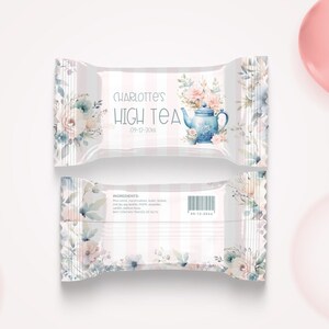 May include: A pink and white favor bag with a watercolor design of flowers and a teapot. The bag has the text "Charlotte's High Tea 09-10-20XX" printed on it.
