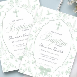 Invito per battesimo in tela di Jouy verde, invito per evento religioso, benedizione per battesimo di genere neutro per neonato/bambina, modificabile in Canva BC1