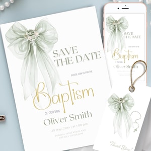 Faites gagner la date de baptême élégante vert sauge, ruban de baptême, carte de baptême de bébé personnalisée garçon ou fille, croix et chapelet en toile Canva BC1