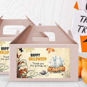 Può includere: Due scatole di cartone rosa con manici, decorate con adesivi a tema Halloween. Gli adesivi mostrano fantasmi, ragni e il testo "Buon Halloween" e "Grazie per aver partecipato".