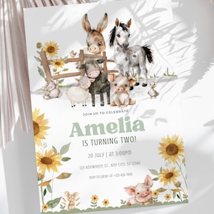 Faire-part d'anniversaire animaux de la ferme, 2e anniversaire d'invitation modifiable pour les filles, thème de la basse-cour tournesol, téléchargement immédiat sur Canva FB1