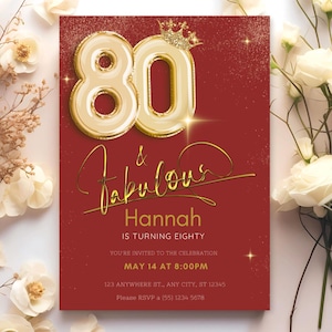 80th Birthday Invitation Gold Red | Editable 80 and Fabulous Digital Invite | Golden Birthday Party Template Instant Download AB1