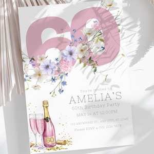 60. Geburtstagseinladungsvorlage, Pastellrosa Sechsthith-Meilenstein einladen, Wildblumen-DIY-Digital-Partykarte für Erwachsene, bearbeitbar in Canva AB1