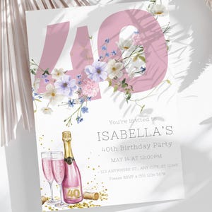 40. Geburtstagseinladungsvorlage, pastellrosa vierzigster Meilenstein einladen, Wildblumen DIY Digital Party Card für Erwachsene, bearbeitbar in Canva AB1