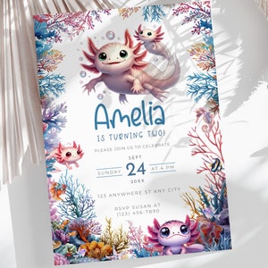 Faire-part d'anniversaire Axolotl pour garçons/filles, modèle de fête bricolage sous la mer, invitation à thème océan imprimable fête de 5 ans, téléchargement immédiat RS1