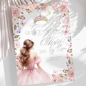 Convite Floral Rosa Quinceañera | Convite Elegante para 15º Aniversário | Download Digital Editável | Convite para Imprimir Celebração da Princesa QB1