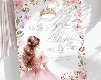 Pink Floral Quinceañera Invitation: Elegant Princess 15th Birthday (Digital Download)