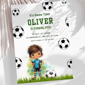 Soccer Birthday Invitation for Boy, Football 5th Birthday Party Invite, Kids Sports Theme Printable, Digital Card Editable in Canva SG1