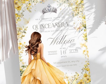 Yellow Quinceañera Invitation Template: Elegant Floral Princess (DIY Editable in Canva)