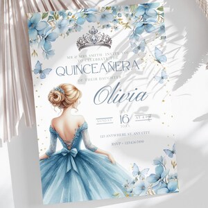 Invitación de quinceañera azul / Invitación elegante imprimible para fiesta de quinceañera / Plantilla digital con tema de diseño floral azul, editable en Canva QB1
