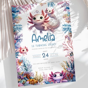 Faire-part d'anniversaire Axolotl garçons et filles, modèle de fête bricolage sous la mer, invitation à thème océan imprimable fête de 5 ans, téléchargement immédiat RS1