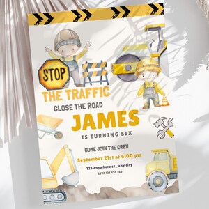 Invito di compleanno a tema cantiere / Invito alla festa "Stop the Traffic" / Invito stampabile modificabile per il 6° compleanno dei ragazzi / Festa a tema camion CP1