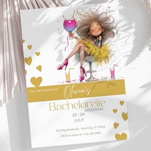 Invitación de fin de semana para despedida de soltera: plantilla editable en dorado y rosa para despedida de soltera, descarga digital DIY BP1