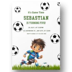Soccer Birthday Invitation for Boy, Football 5th Birthday Party Invite, Kids Sports Theme Printable, Digital Card Editable in Canva SG1