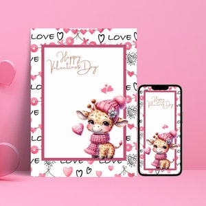 バレンタインデー カード ピンクの帽子をかぶったかわいいキリン、すぐにダウンロードして印刷できるロマンス、愛と友情、心のこもった挨拶の気まぐれなカード V1C