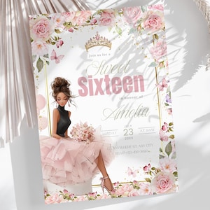 May include: A Sweet Sixteen invitation featuring a young woman in a pink dress, surrounded by pink roses and butterflies. The invitation includes the text "Sweet Sixteen" and the name "Amelia", with the date and time.
