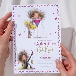 Puede incluir: Una tarjeta de invitación rosa y blanca con una ilustración caprichosa de dos chicas. El texto dice "Estás invitado a una noche de chicas Galentine organizada por Caroline Viernes 14 de febrero 18:30 123 anywhere St, any city 123-456-7890"