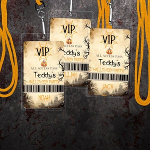 Halloween VIP All Access-badge feestartikelen, spookachtig thema, boo-party, bewerkbare sjabloon, VIP-paslabel, jongens/meisjes, digitale download WP1