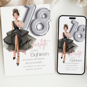 Convite de aniversário de 18 anos | Convite digital editável para ela | Design elegante de vestido preto | Tema de balão prateado | Download instantâneo SP1